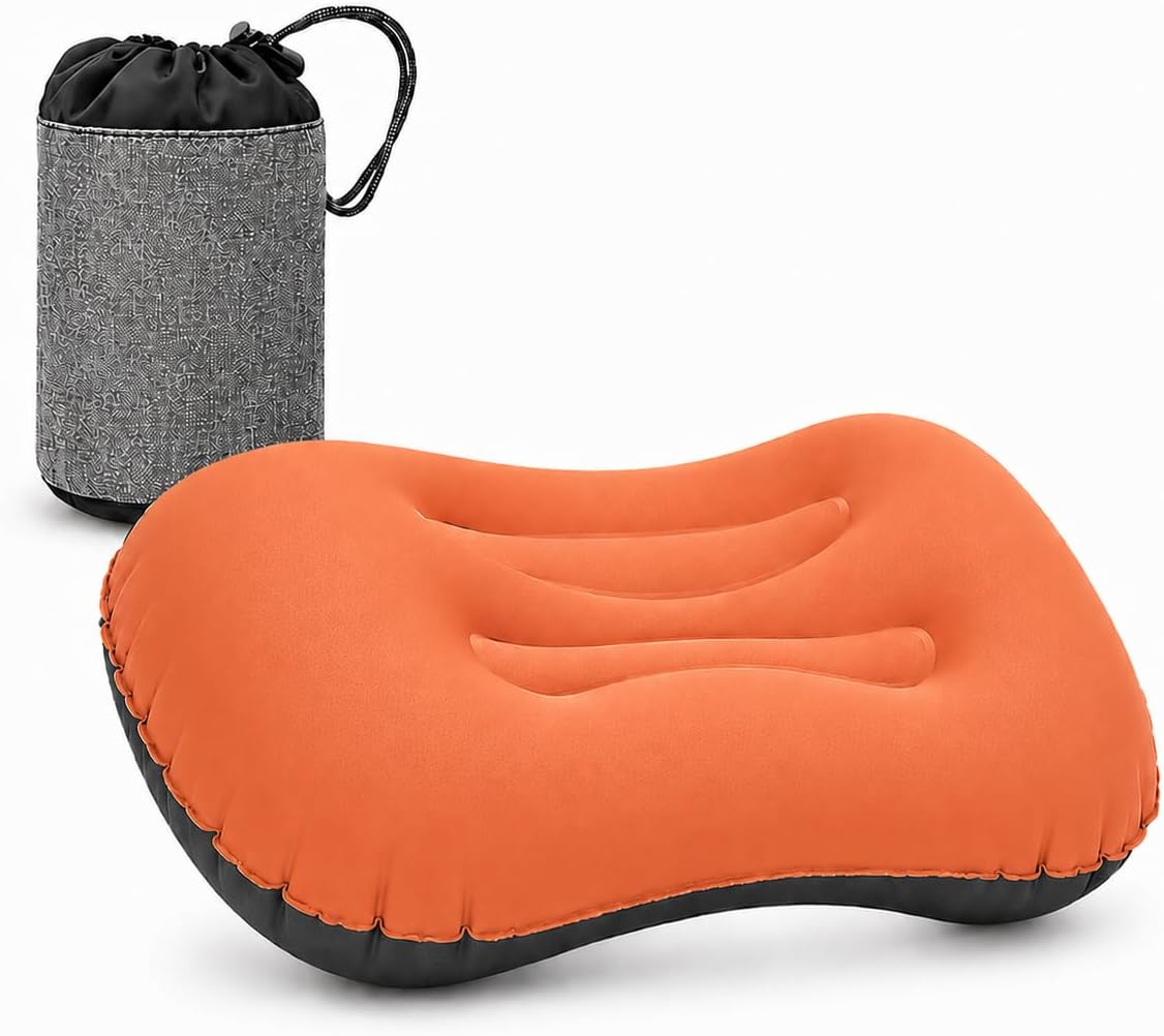 Inflatable Camping Pillow, Ultralight Travel Pillow with Storage Bag for Neck Lumbar Support, Compact Comfortable Inflating Pillow for Camping, Hiking, Backpacking, Outdoor (Orange)