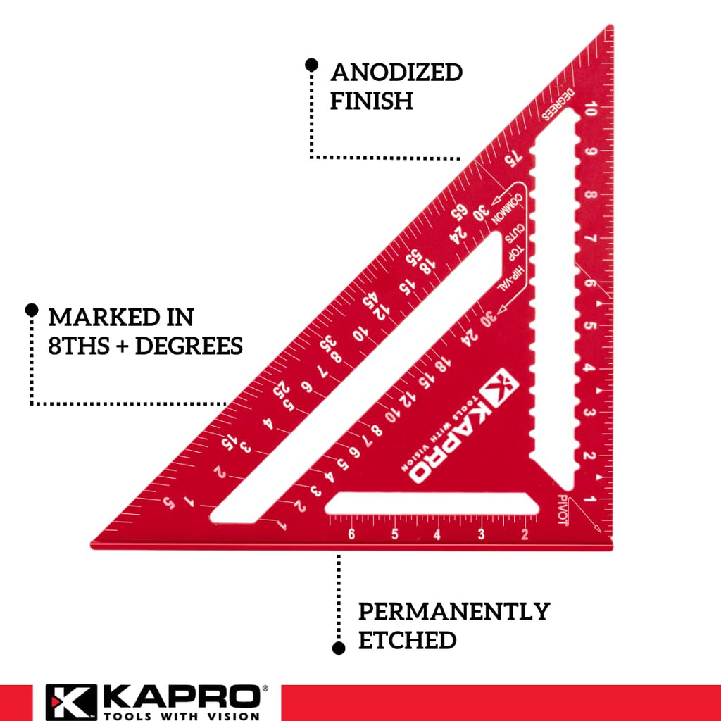 Kapro - 446 High Definition Anodized Rafter Square - Resists Wear and Corrosion - Features Conversion Table and Protractor - Lightweight & Compact Profile - 12 Inch