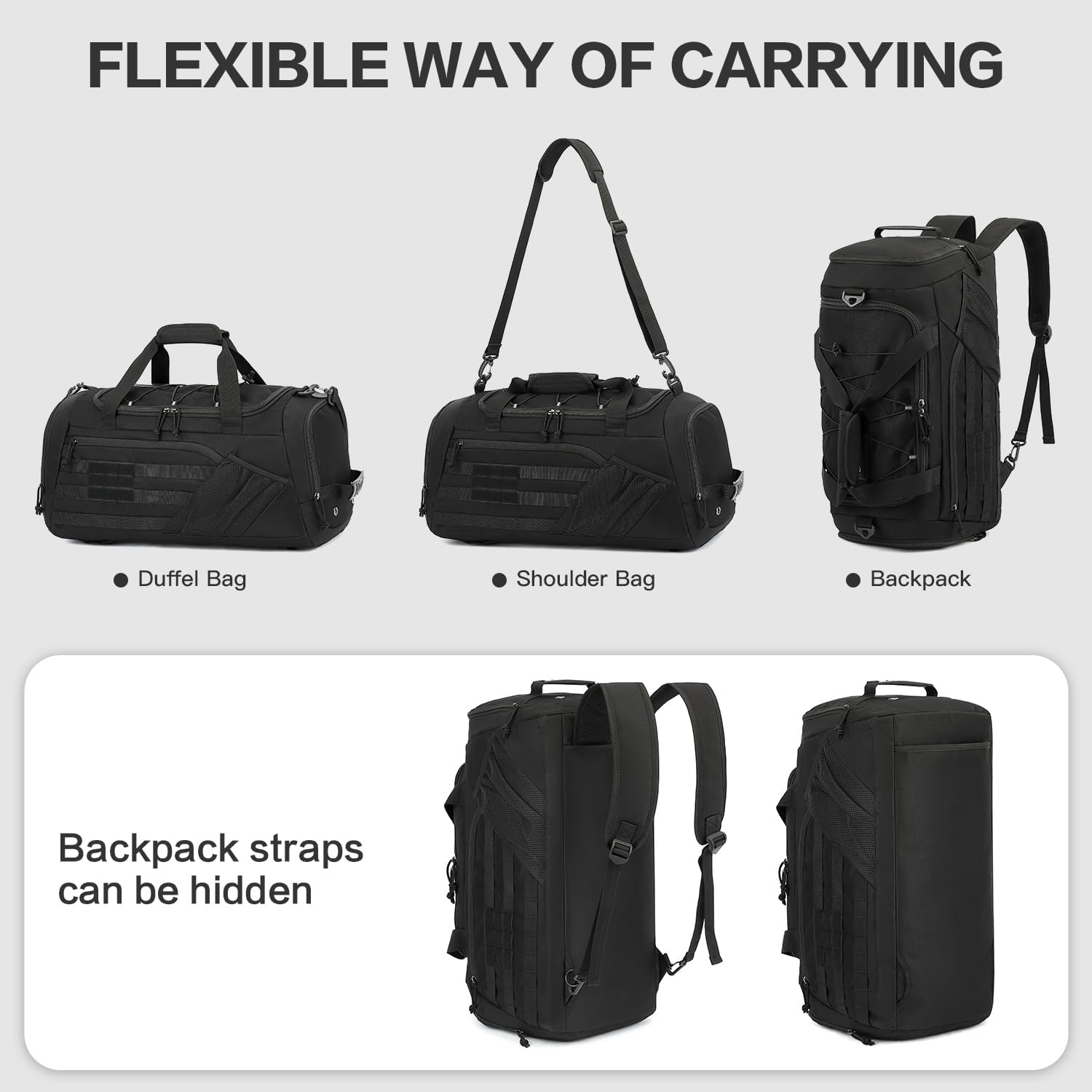 3-in-1 Tactical Gym & Travel Duffle Bag Backpack Men Multi-Functional 45L Military Sports Duffle Bag with Shoe Compartment & Wet Pocket for Workout Weekender Overnight Bag with Molle Webbing, Black