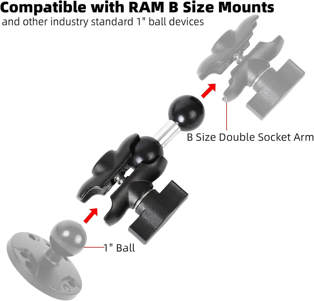 Double Socket Arm with 1" Double Ball Adapter Compatible with RAM B Size Mounts, 360° Rotation Extension Rod for Phone Holder, Tablet Mount, for Bike, Motorcycle, Truck (4.13" Short Adapter)