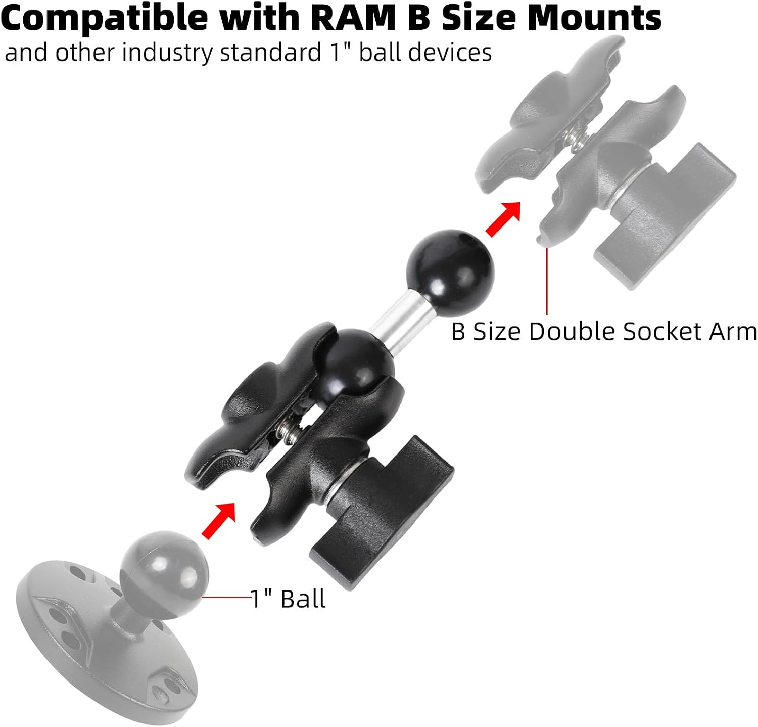 Double Socket Arm with 1" Double Ball Adapter Compatible with RAM B Size Mounts, 360° Rotation Extension Rod for Phone Holder, Tablet Mount, for Bike, Motorcycle, Truck (4.13" Short Adapter)