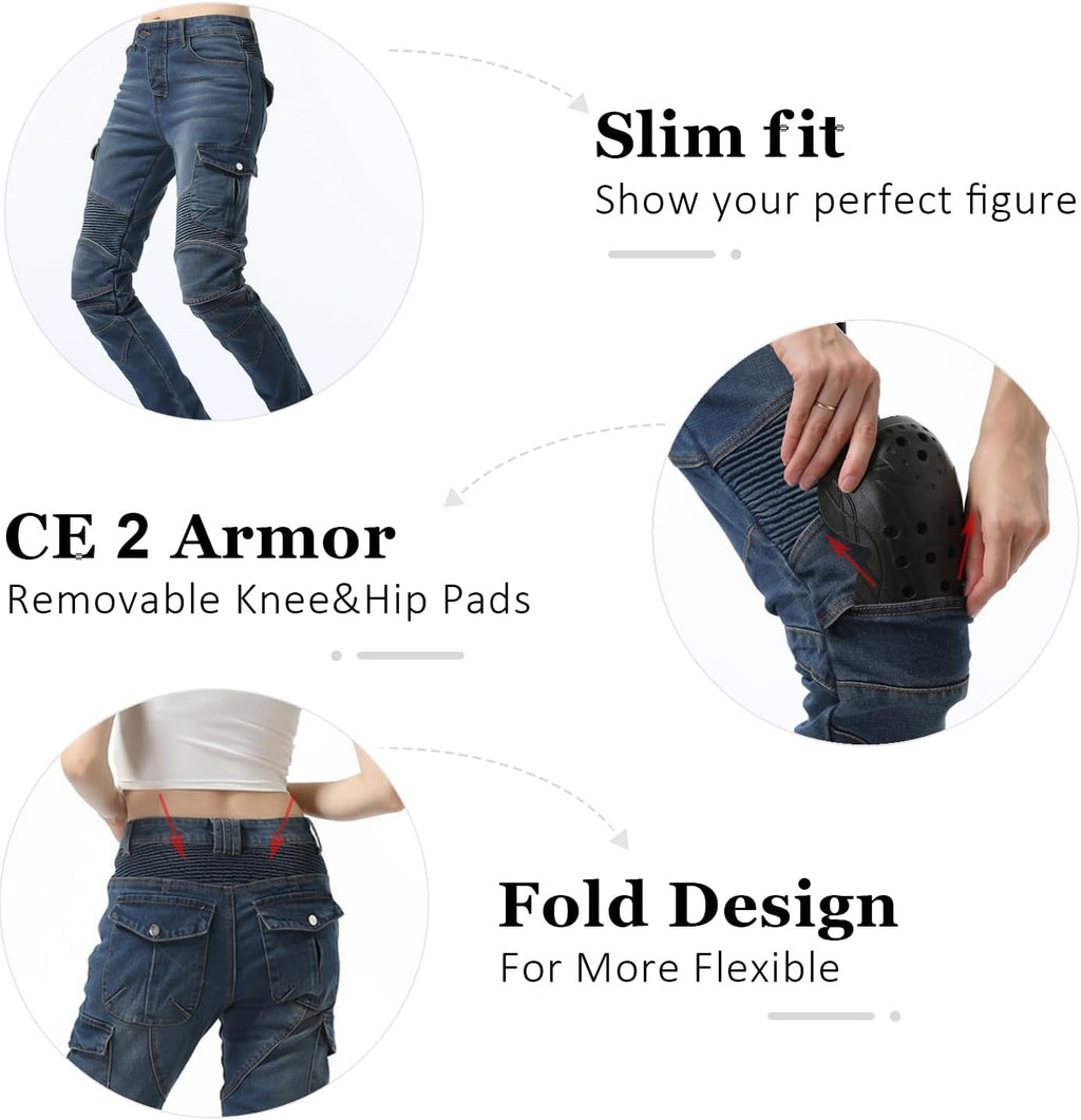 LOMENG Motorcycle Riding Pants Women with CE Level 2 Removable Armor