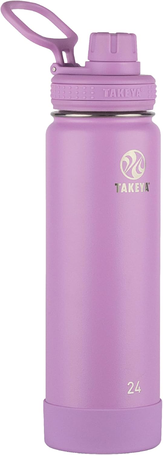 Takeya Actives Stainless Steel Water Bottle, Insulated Spout Lid, Keeps Drinks Cold 24 Hrs, Leakproof, Durable, Dishwasher Safe, Ideal for Gym, Travel, Fits Most Cup Holders, 24 oz/Lilac
