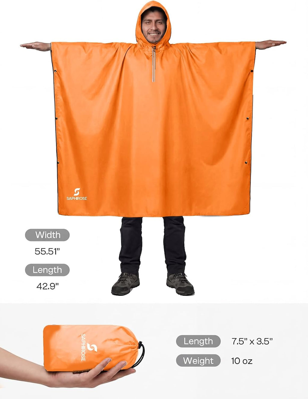 SaphiRose Hooded Rain Poncho Waterproof Raincoat Jacket for Men Women Adults