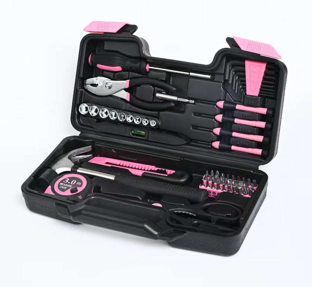 144-Piece Household Tool Set, Pink Tool Kit with Plastic Toolbox