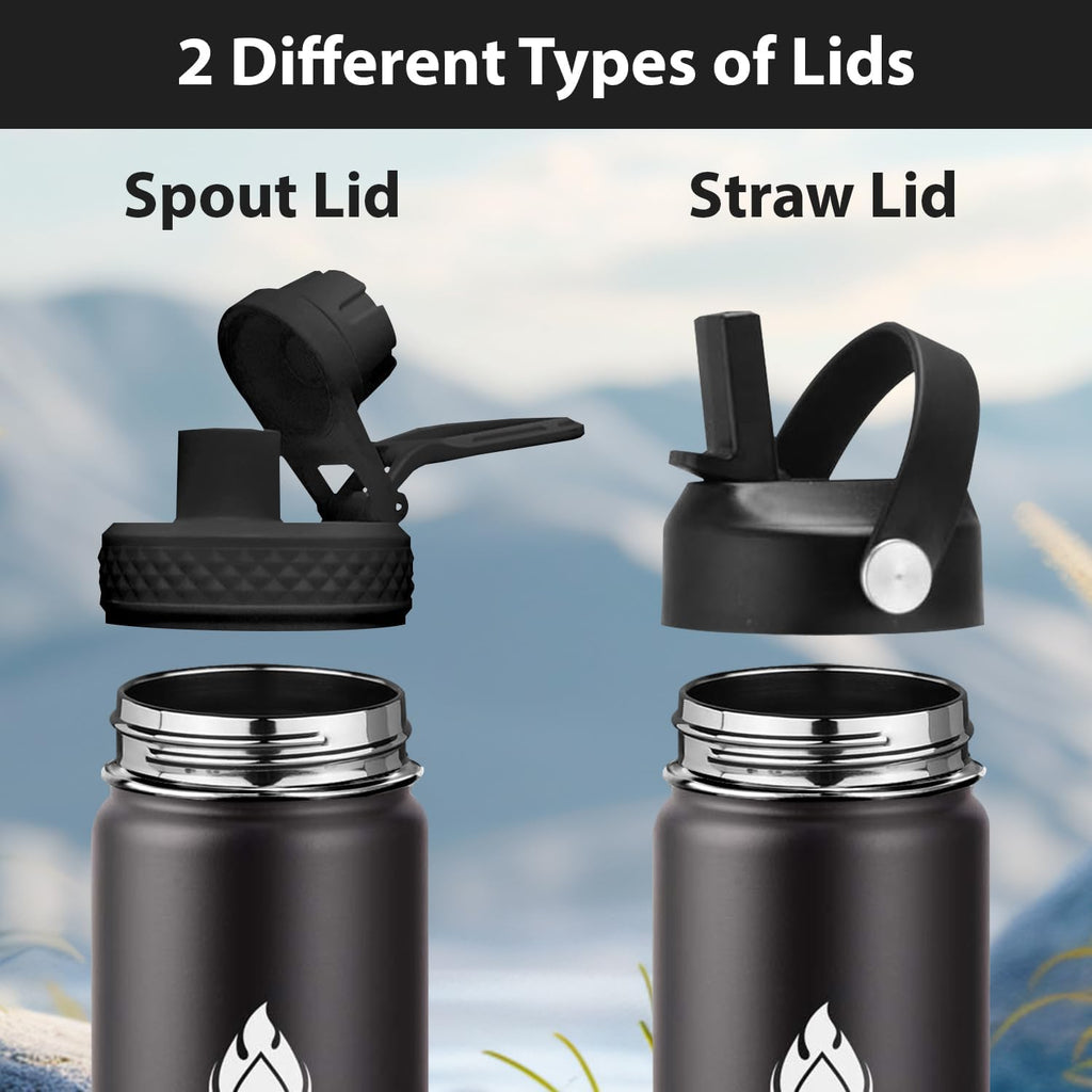 SENDESTAR Insulated Water Bottle 24 OZ, Wide Mouth 24 oz Water Bottle with Straw Lid, Spout Lid, Double Wall Vacuum Stainless Steel Leak Proof, Keeps Liquids Hot or Cold (Black)