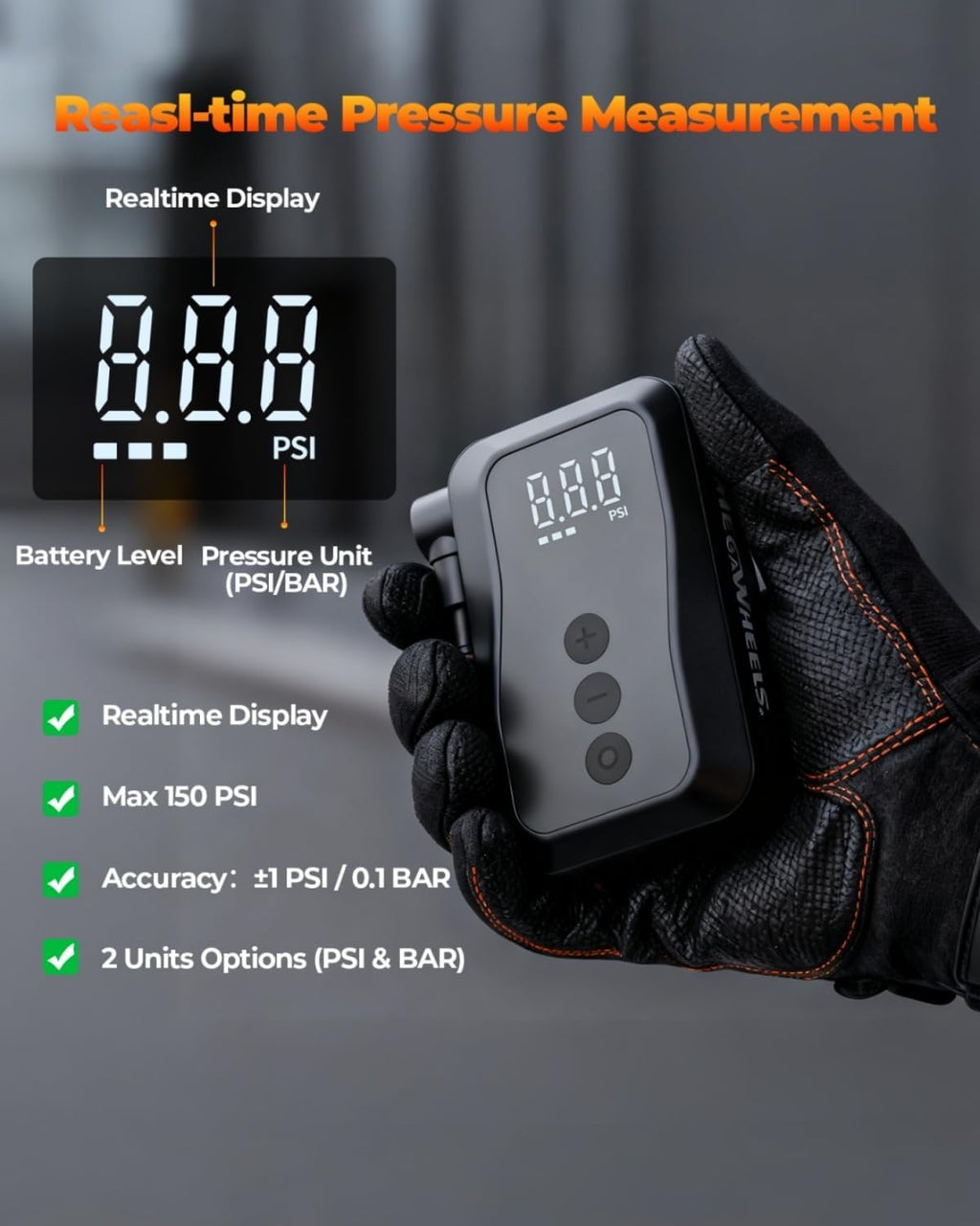 MEGAWHEELS Mini Bike Pump with Gauge, 120/150PSI Bike Tire Inflator with Presta & Schrader Valve, Portable Electric Air Pump Auto Stop, Fast Inflation for E-Bike, Mountain Bike, Scooter, Balls