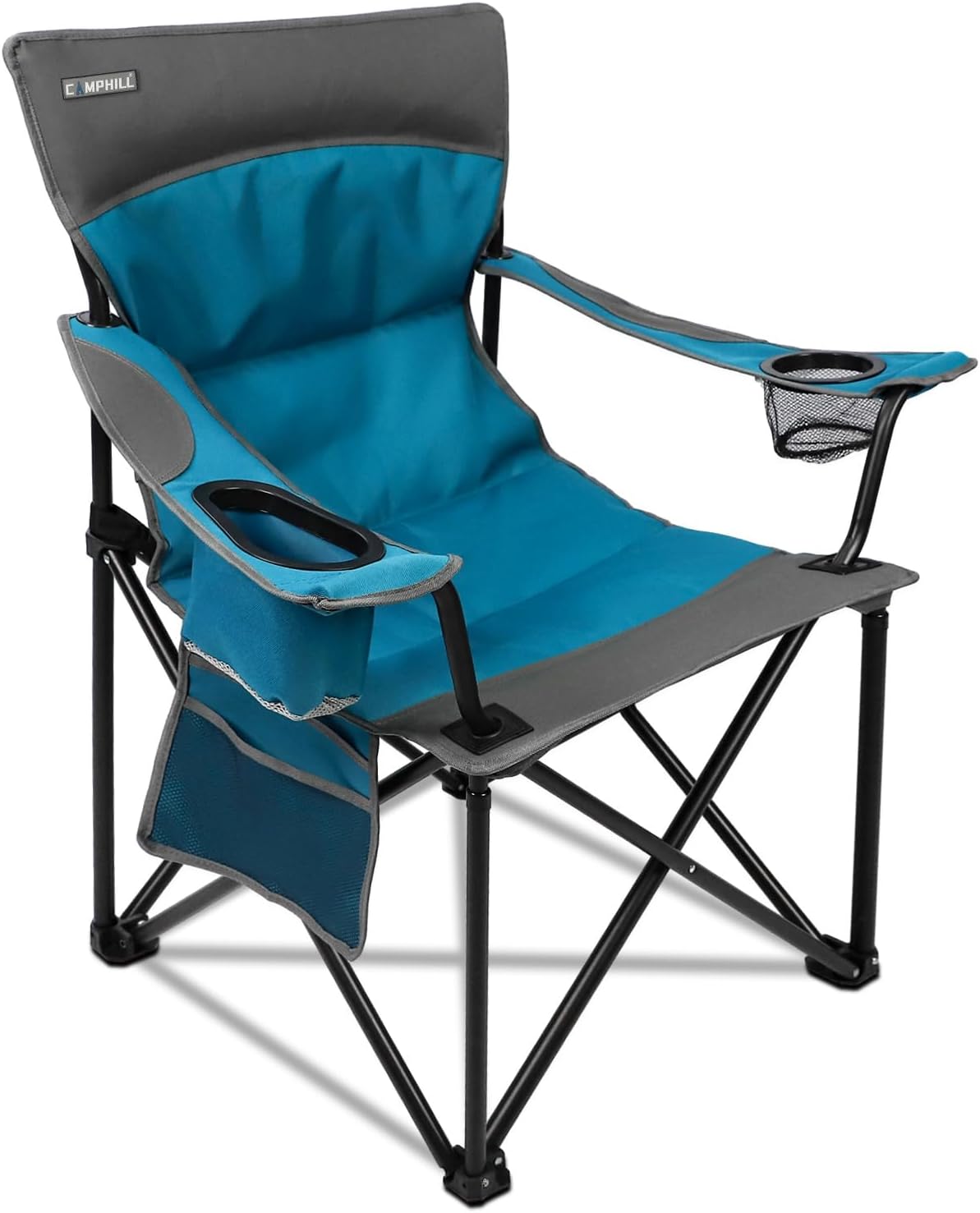 Oversized Camping Chair for Adults - 2 Pack Padded Lawn Chairs with Cup Holder & Side Pocket,Heavy Duty Folding Outdoor Chairs for Camp,Sports,Picnic,Beach,Black