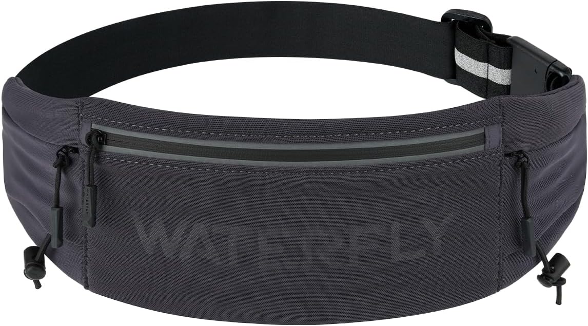 WATERFLY Running Belt Fanny Pack, Runner Race Belt with Bib Clip Dark Gray