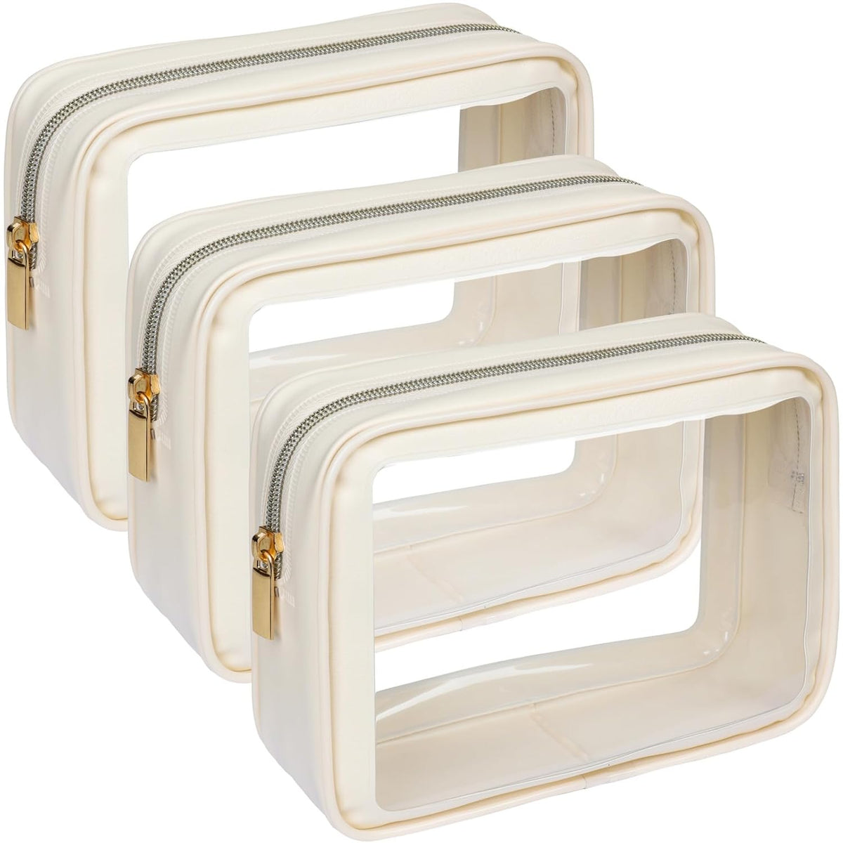 F-color TSA Approved Toiletry Bag - Clear Makeup Bag, 3 Pack, Beige
