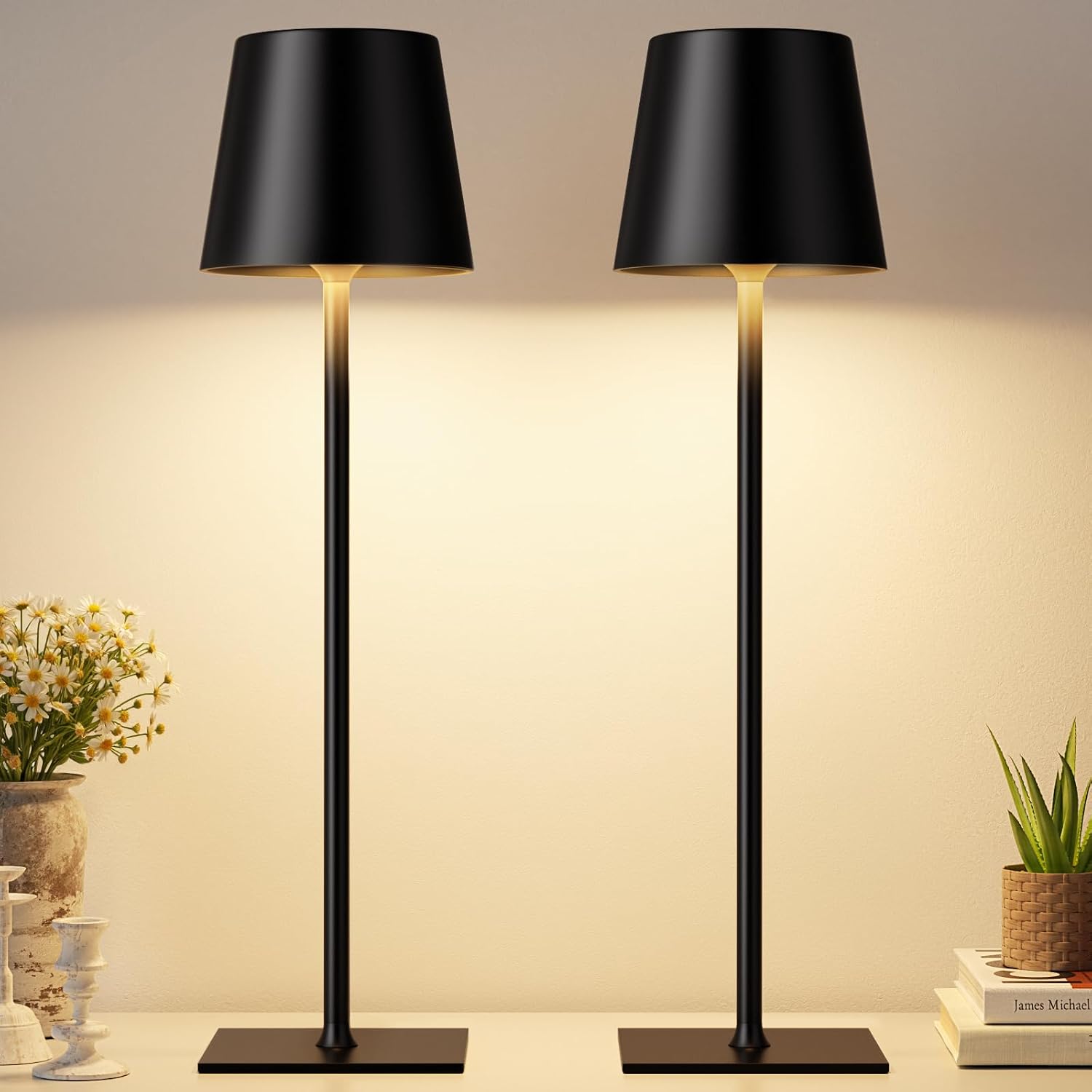 Kakanuo Black Cordless Rechargeable Table Lamp, 2 Pack Portable Desk Lamp with 5000mAh Battery, Touch Control Stepless Dimming, Wireless Night Light for Dining, Outdoor Camping, Coffee Shop