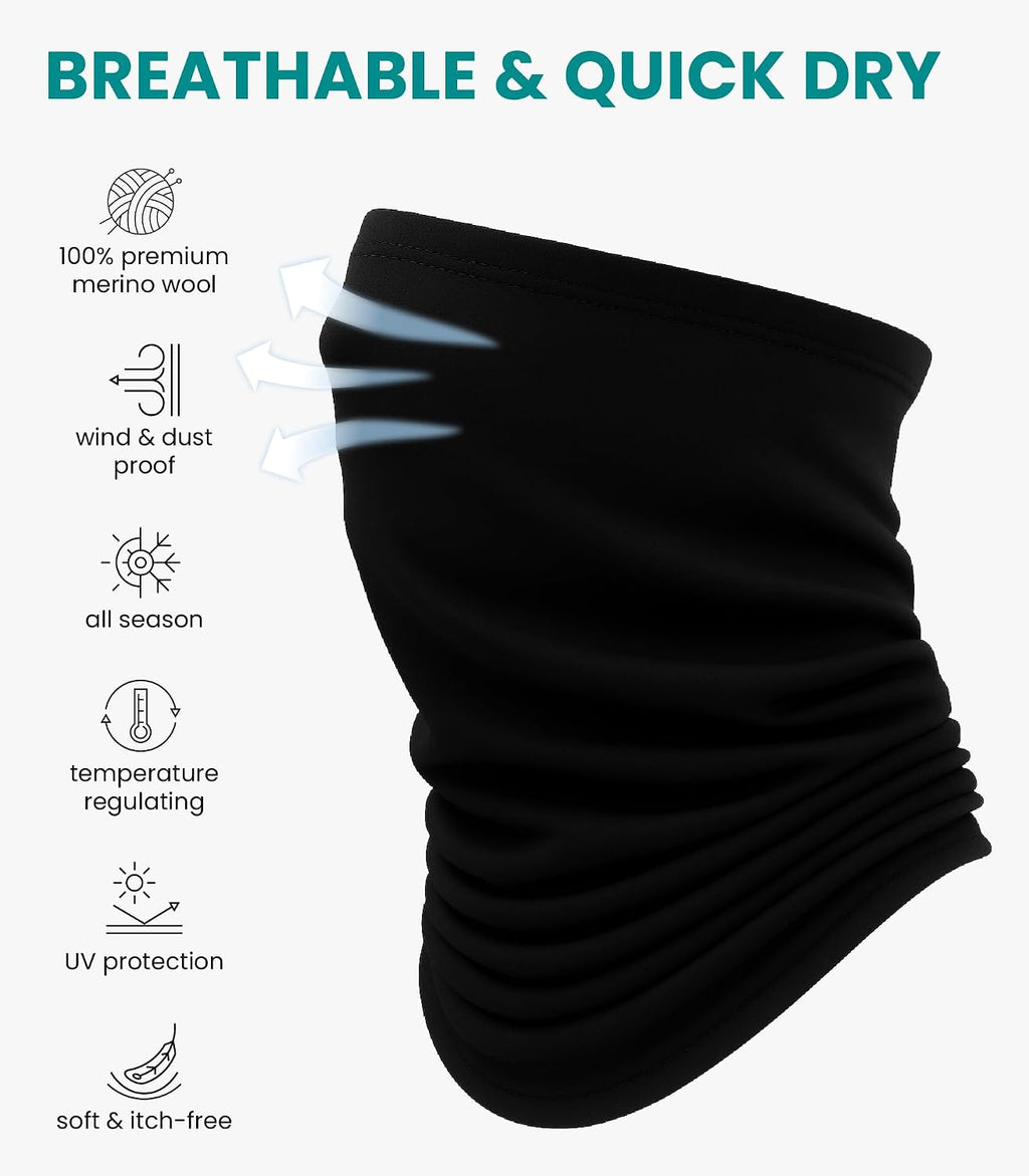 100% Merino Wool Neck Gaiter, 17.5um Face Mask, Unisex Neck Warmer 1-2 Pack