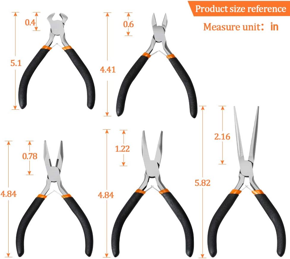 SOONAN 5 Pieces Mini Pliers, Long Lasting Tool Set Cable Cutters – Long Needle Nose, Long Nose, Nipper Bent Nose, End Cutting, Diagonal Cutting, Precision Pliers Set