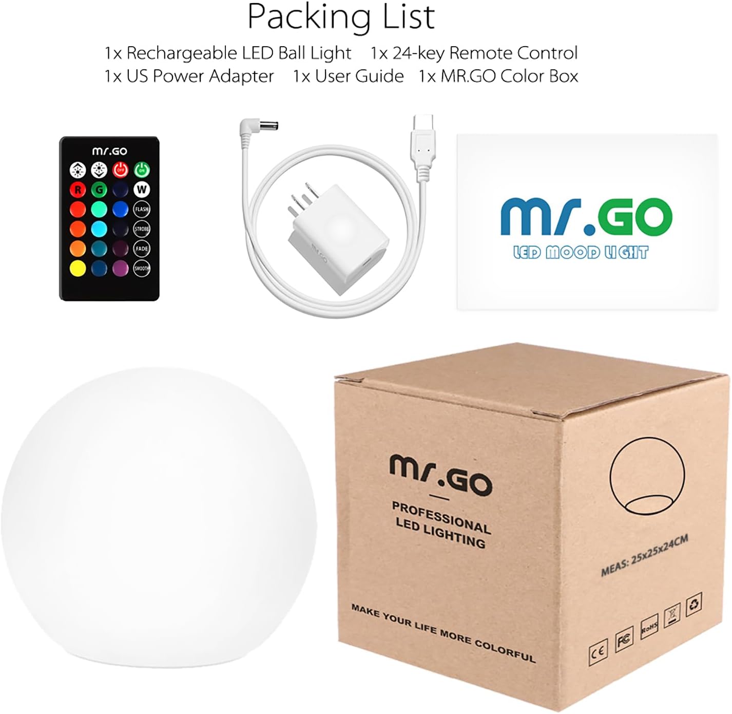 Mr.Go 10-in RGB LED Ball Light, Rechargeable Waterproof Globe Lamp w/Remote