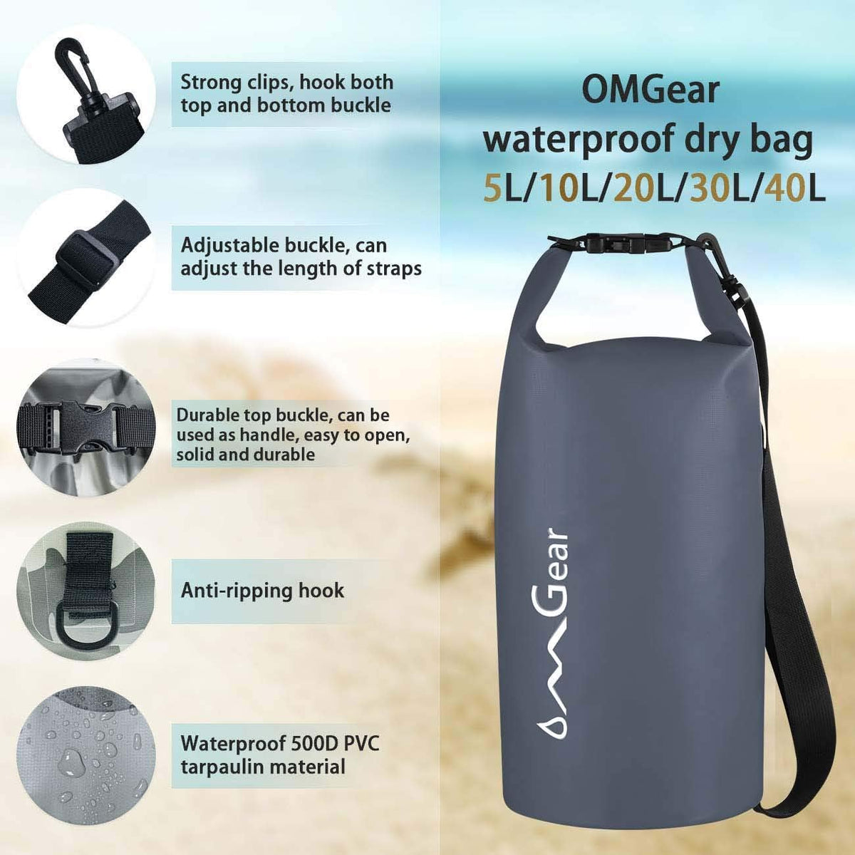OMGear Waterproof Dry Bag Backpack Phone Pouch 40L/30L/20L/10L/5L Floating Dry Sack for Kayaking Boating Outdoors Activities