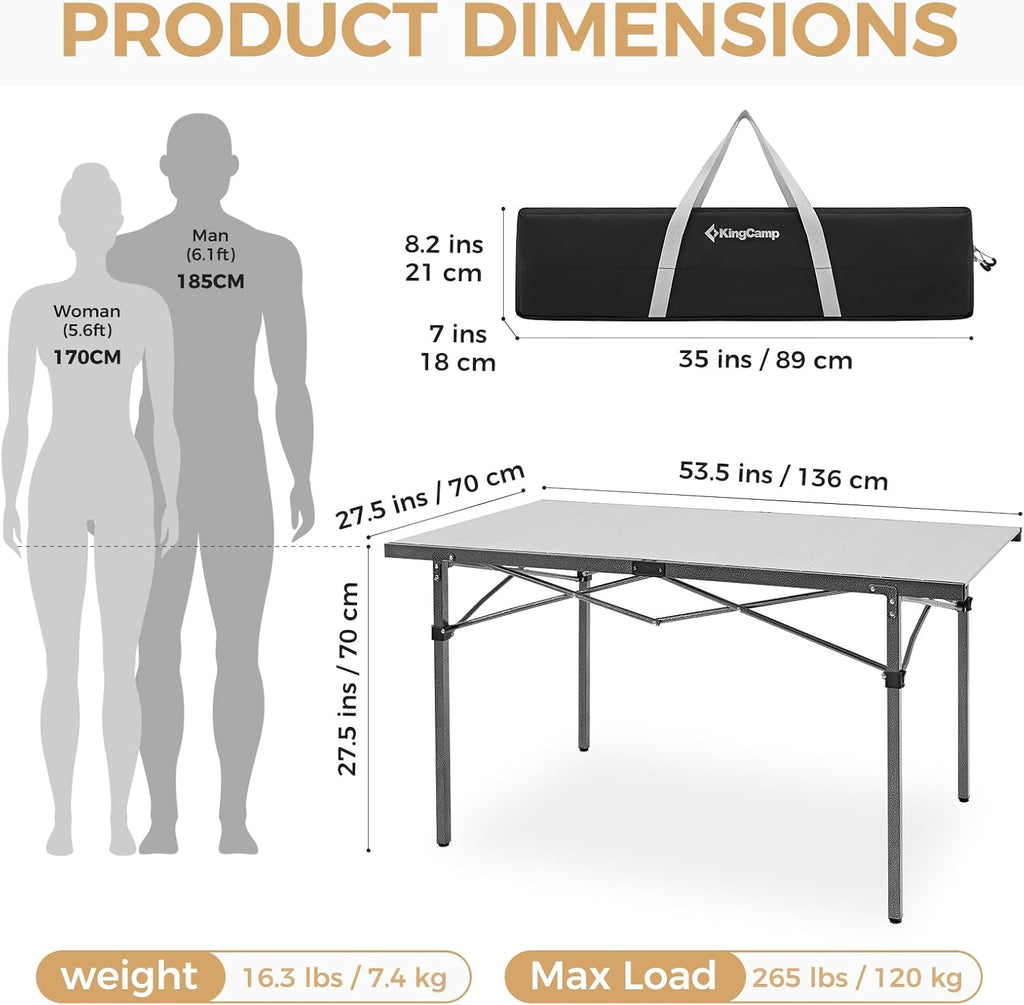 KingCamp Large 53.5" Folding Camping Table, 265 LBS Heavy Duty Table