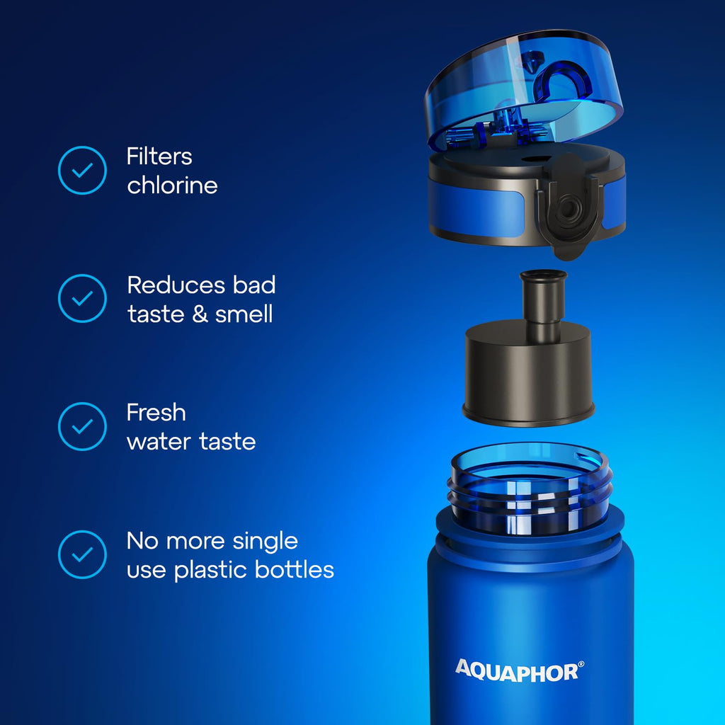 AQUAPHOR City Water Filter Bottle 17 oz | Reusable & Portable Filtered Water Bottle | BPA-Free | Perfect for Camping, Travel, Indoor & Outdoor Use | Blue