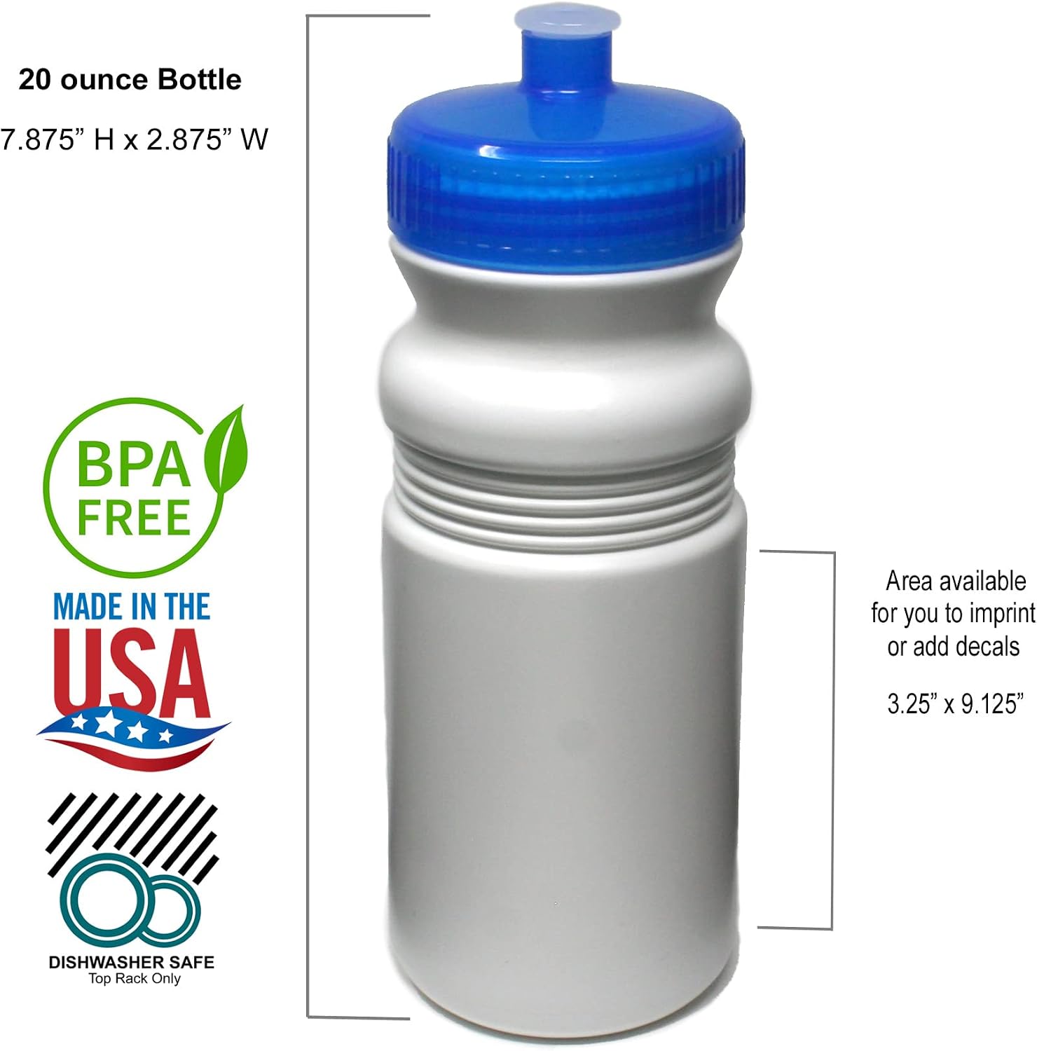 Rolling Sands Reusable Bulk Water Bottles 100 Pack - 20 Oz Sports Water Bottles, USA Made, BPA-Free, Wide Mouth for Easy Cleaning, Dishwasher Safe, Break Resistant