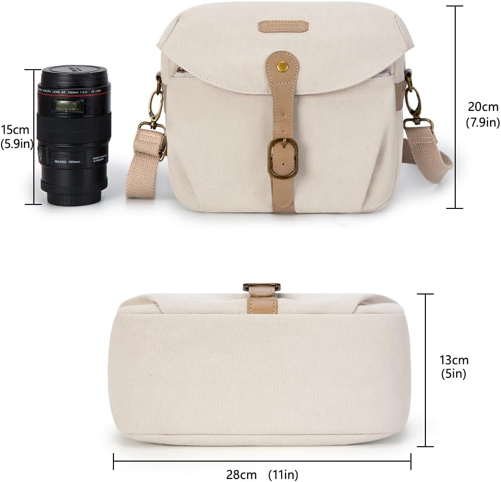 BAGSMART Canvas Crossbody Camera Bag with Rain Cover Women Men, Ivory White