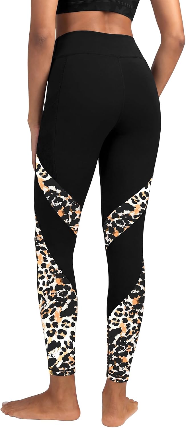 Women's High Waisted Yoga Leggings - Leopard Block Print Phone Pockets Tummy Control Workout Casual Pants