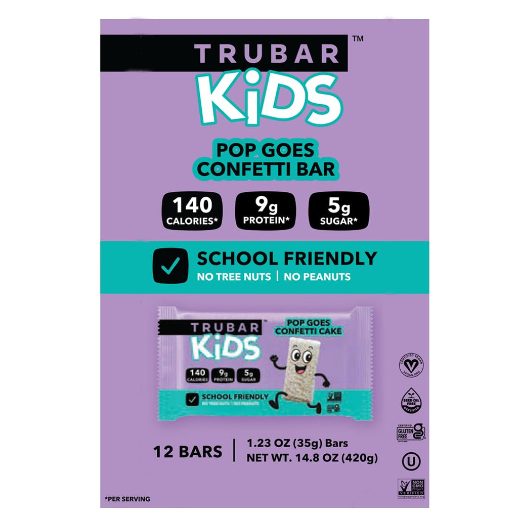 TRUBAR Kids Protein Bars, Pop Goes Confetti, Plant Based Protein, Gluten Free School-Friendly Snacks for Lunchboxes, Tree Nut and Peanut Free, Low Sugar, Healthy On the Go Snack Bars, 12 Count