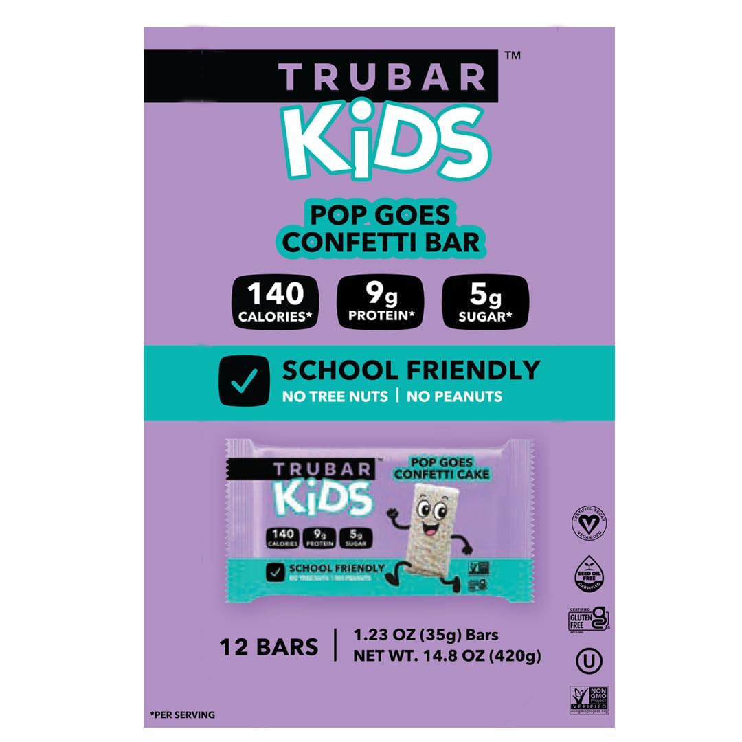 TRUBAR Kids Protein Bars, Pop Goes Confetti, Plant Based Protein, Gluten Free School-Friendly Snacks for Lunchboxes, Tree Nut and Peanut Free, Low Sugar, Healthy On the Go Snack Bars, 12 Count