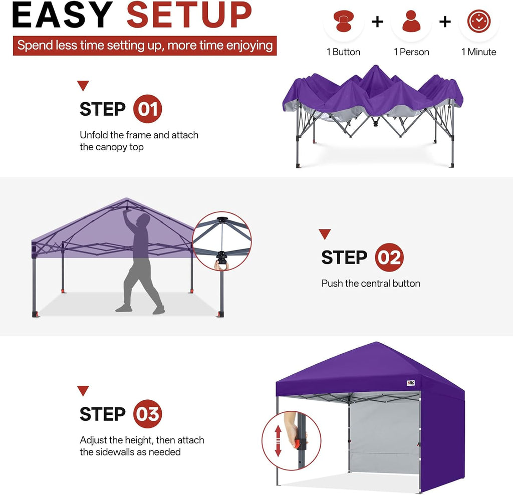 ABCCANOPY 10x10 Pop Up Canopy Tent, 2 Sidewalls, All-Weather Shade, Pink