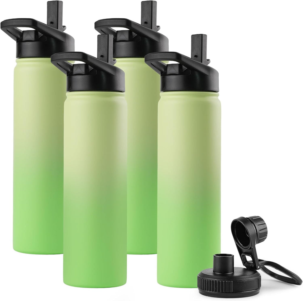 DOMICARE Insulated Water Bottle, 22 oz Vacuum Insulated Stainless Steel Reusable Sports Bottle with Straw Lid & Spout Lid for Travel, Camping, Bike, Leakproof, Green Gradient, 4 Pack