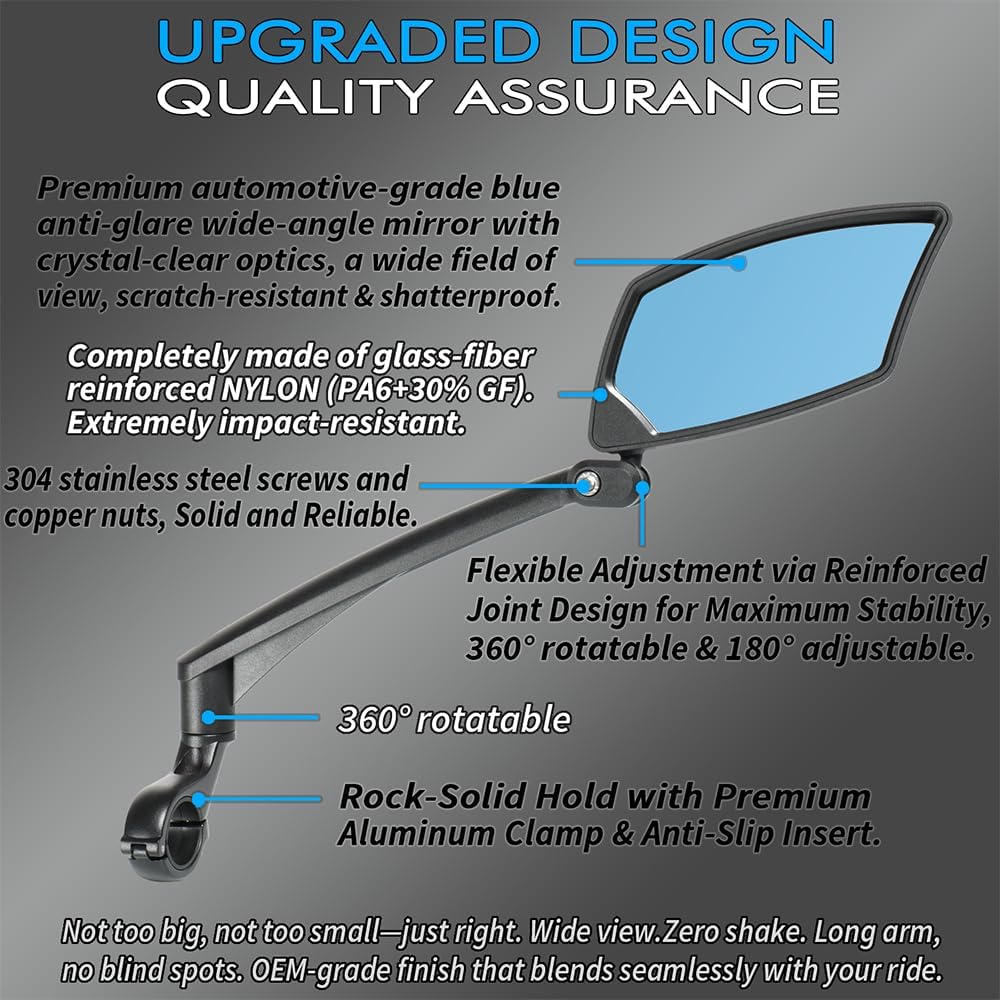 BriskMore Handlebar Bike Mirror - Crystal Clear HD Glass, 360° Adjustable&Foldable Mirror for Safe Riding, Wide Angle Rearview for E-Bikes, Mountain Bikes & Scooters,Bicycle Mirror