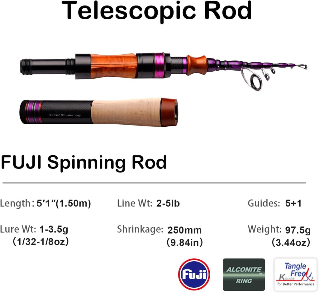PURELURE Telescopic Fishing Rod Spinning & Casting Travel Rod Ultralight 5'