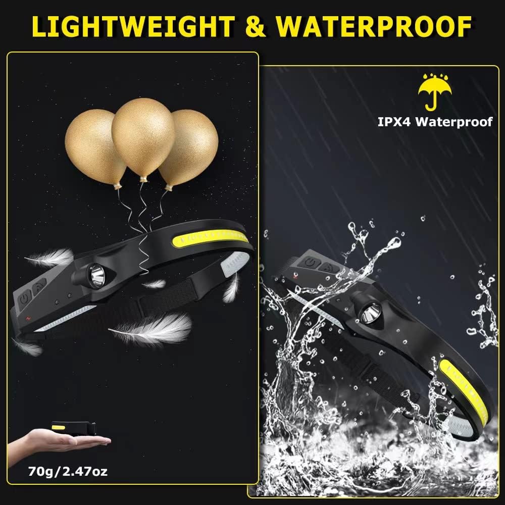 Rechargeable Headlamp 3PCS, 230° LED Head Lamp, Head Lights for Forehead | Motion Sensor, Bright Wide Beam, 5Mode Headband Light, Hard Hat Light, Headlight for Adults Mechanic Camping Essentials Gear