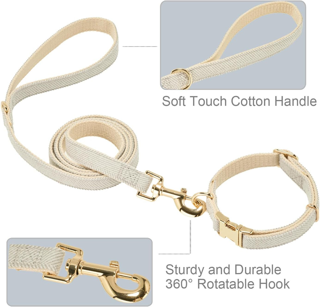 Soft Dog Collar and Leash Set Adjustable Woven Tweed Dog Collars with Metal Buckle and Lead for Small Medium Large Dogs,Grey