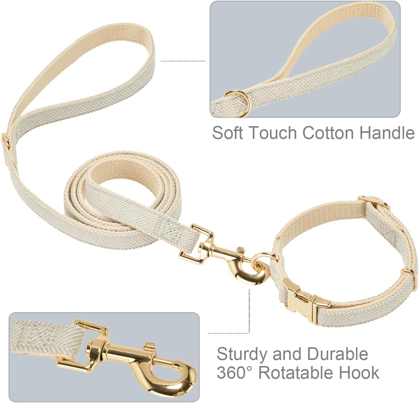 Soft Dog Collar and Leash Set Adjustable Woven Tweed Dog Collars with Metal Buckle and Lead for Small Medium Large Dogs,Grey