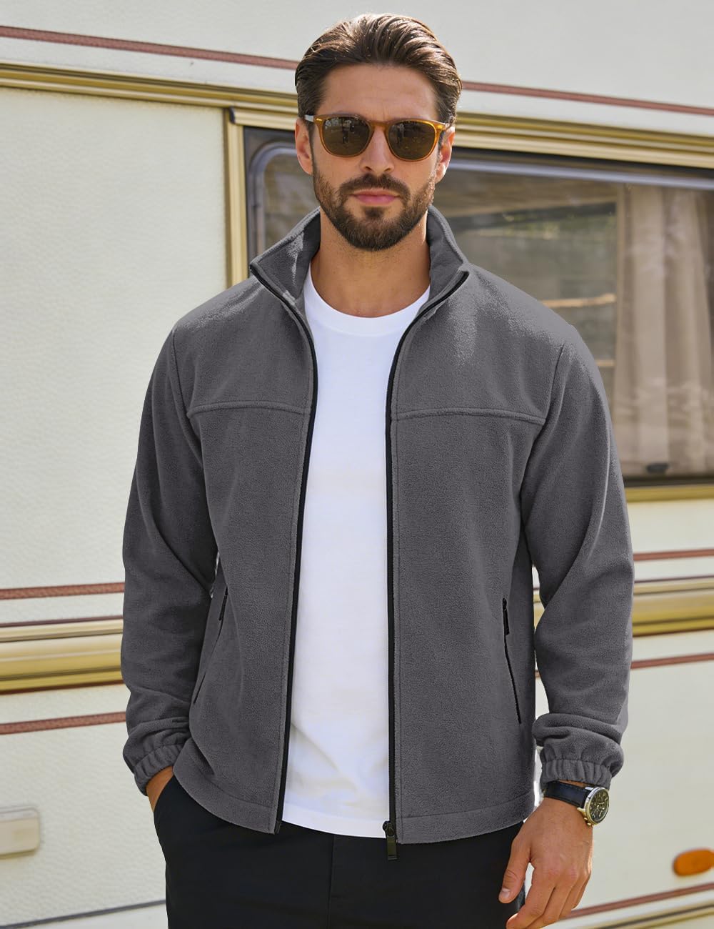 Mens Polar Fleece Jacket Full Zip Lightweight Casual Outdoor Jackets Stand Collar Warm Coats with Pockets