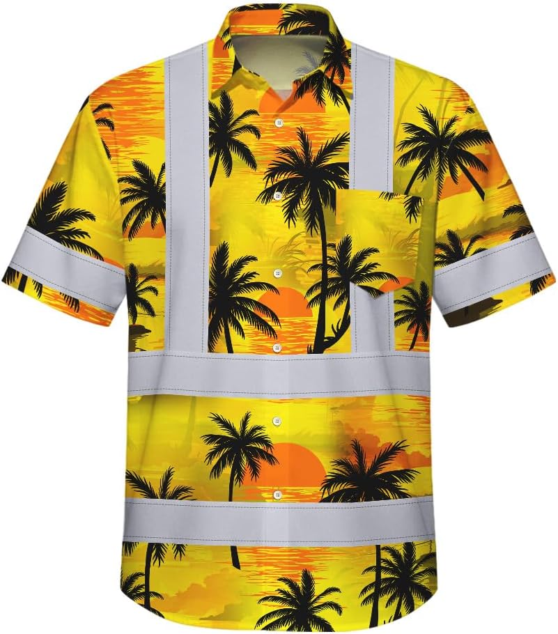 High Visibility Hawaiian Shirt for Men Tropical Shirts Custom Name Floral Outfit Reflective Safety Workwear