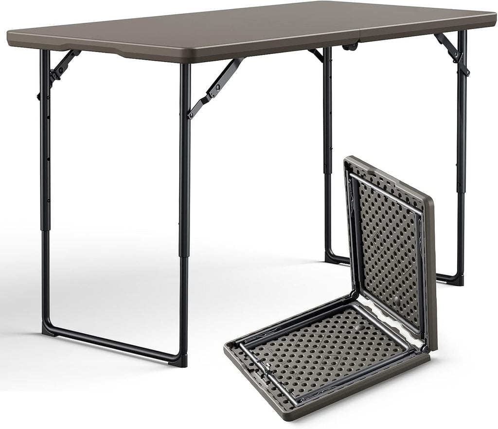 4FT Folding Table, Adjustable Height Fold-in-Half Table with Handle, Khaki
