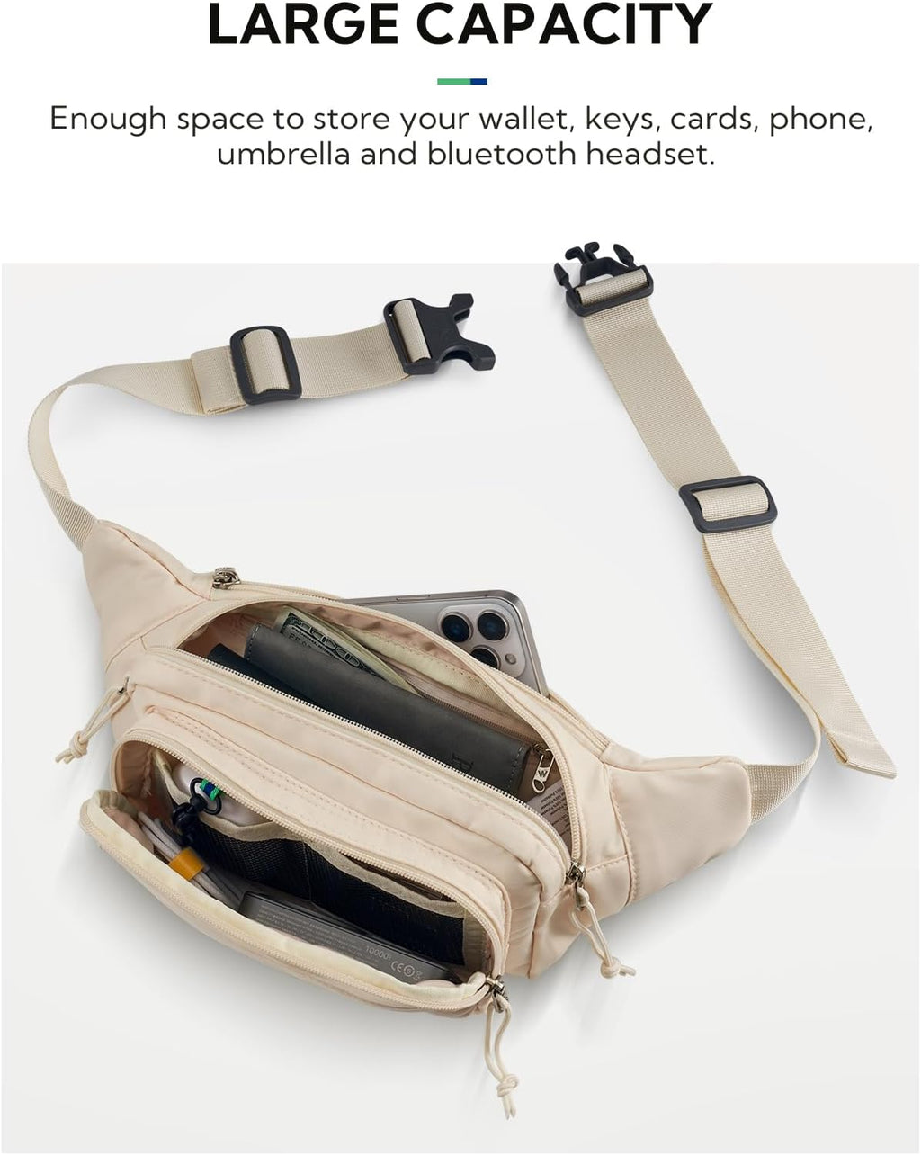 WATERFLY Fanny Pack Waist Bag: 2.5L Large 5 Zipper Pockets for Women Men