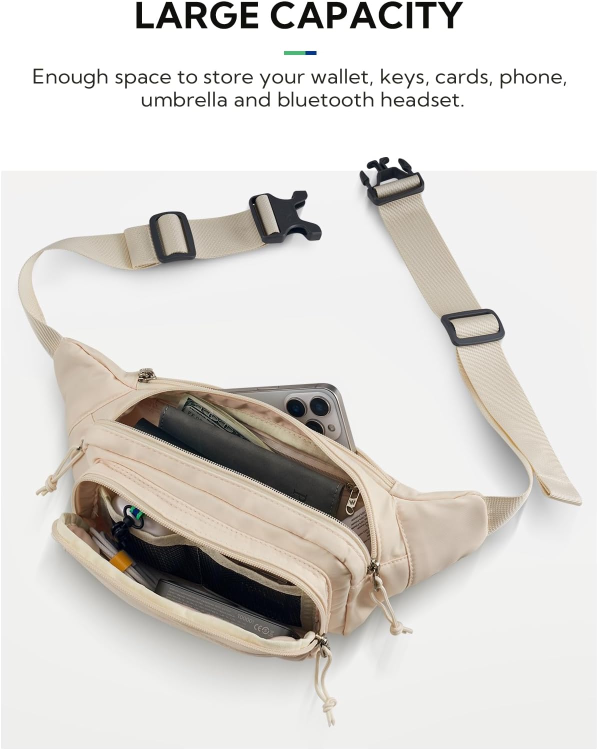 WATERFLY Fanny Pack Waist Bag: 2.5L Large 5 Zipper Pockets for Women Men