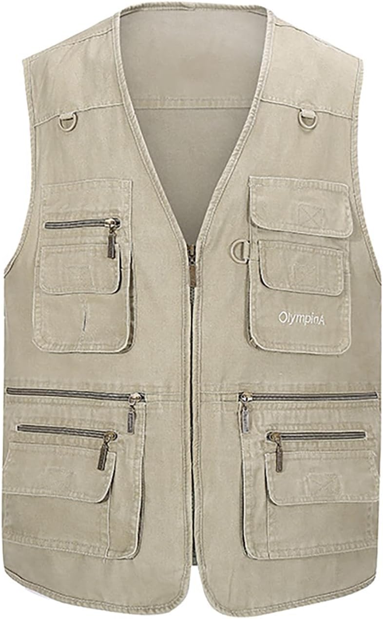 Spanye Mens Safari Travel Photo Vest Outdoor Fishing Multi Pocket Jacket Beige