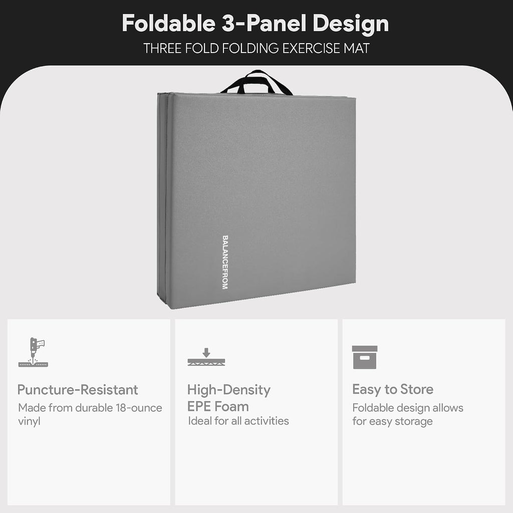 BalanceFrom 6x2 Feet 3-Panel Folding Gymnastics Mat – 1.5-Inch Thick Pad with Vinyl Surface and Carrying Handles for Tumbling, Yoga, Pilates, Home Workouts, and Martial Arts