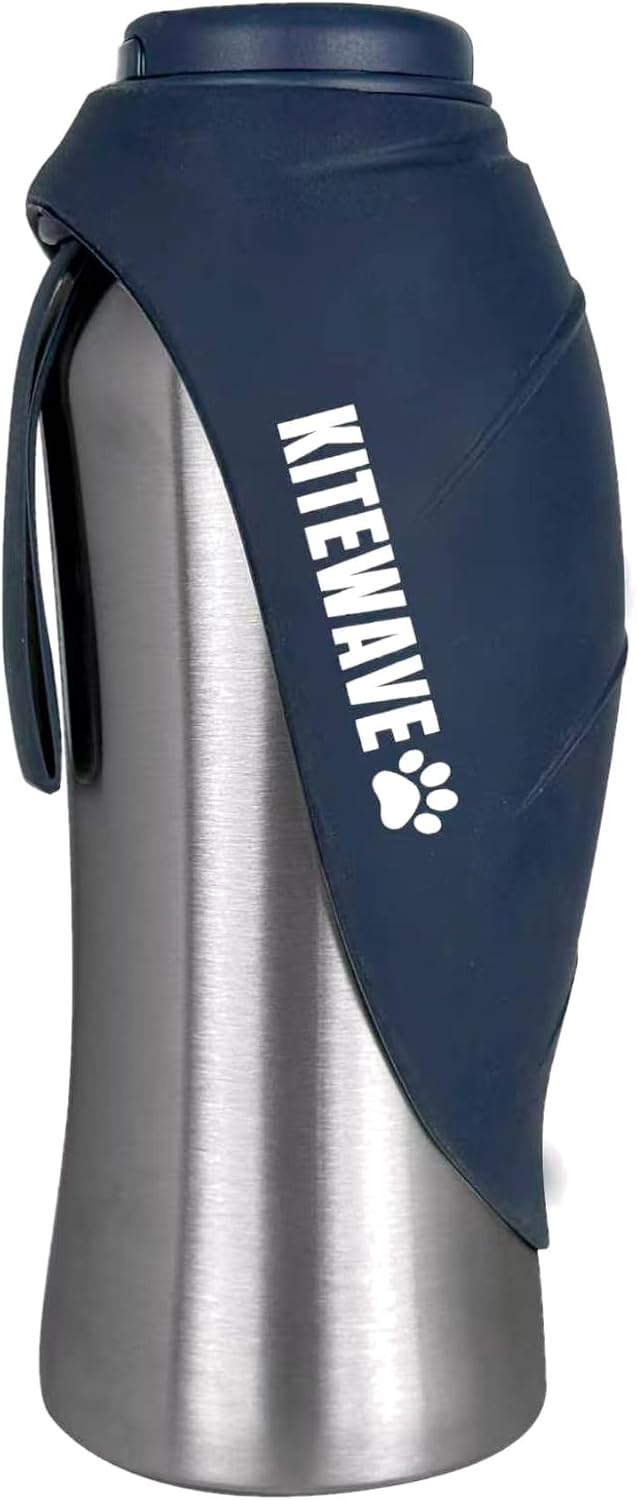 Kitewave Portable Dog Water Bottle, 27 oz Stainless Steel Pet Water Bottle with Flip-Up Leaf Bowl, Leakproof One-Press Dispenser for Walking, Hiking & Travel, BPA-Free, All Dog Breeds (Silver)