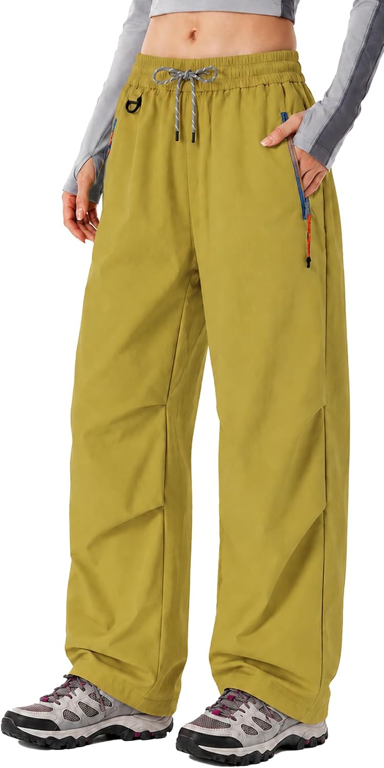 FEOYA Waterproof Pants Women Light Rain Pants Parachute Drawstring Cuffs