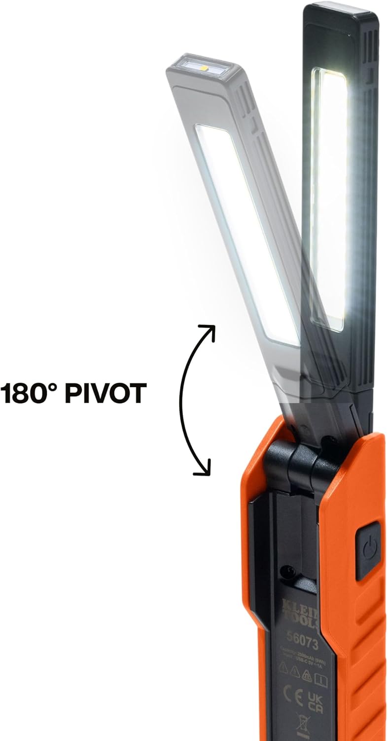 Klein Tools 56073 Foldable Handheld Work Light, 500-Lumen LED with 180-Degree Pivot and 270-Degree Rotation, USB-C Rechargeable Flashlight with Built-In Spotlight, Magnetic Base, IP54-Rated