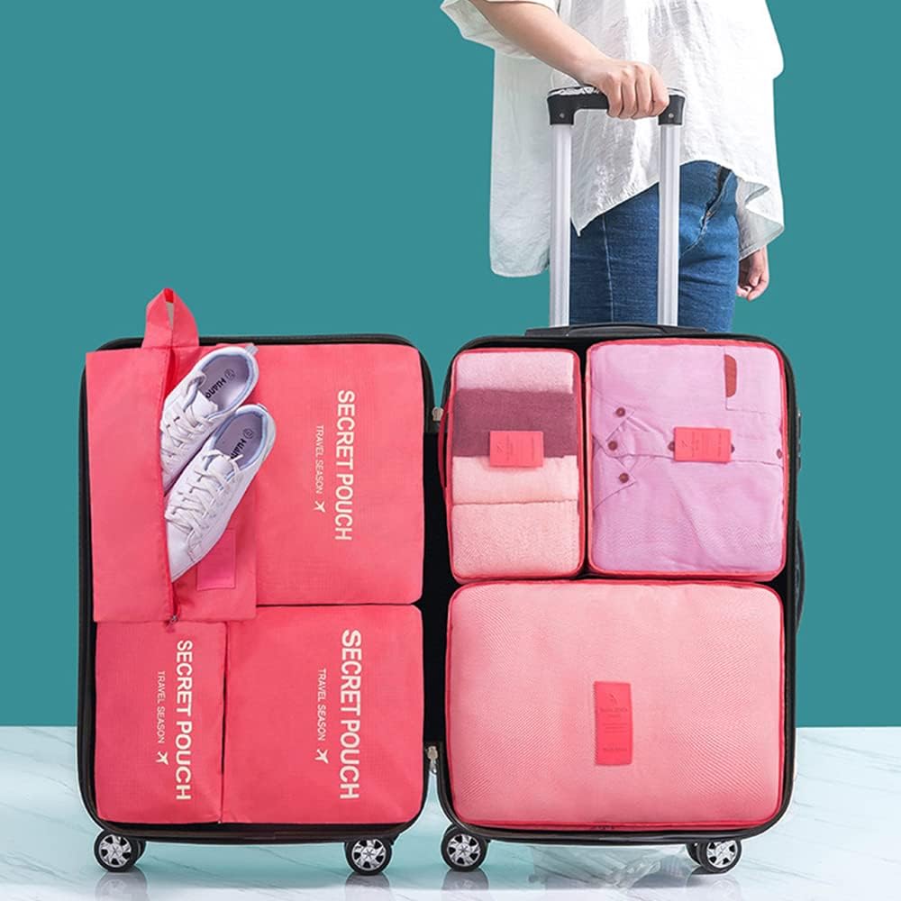 7 Set Packing Cubes Packing Organizers Travel Luggage Packing Organizers with Shoes Bag for Suitcase, Watermelon Red