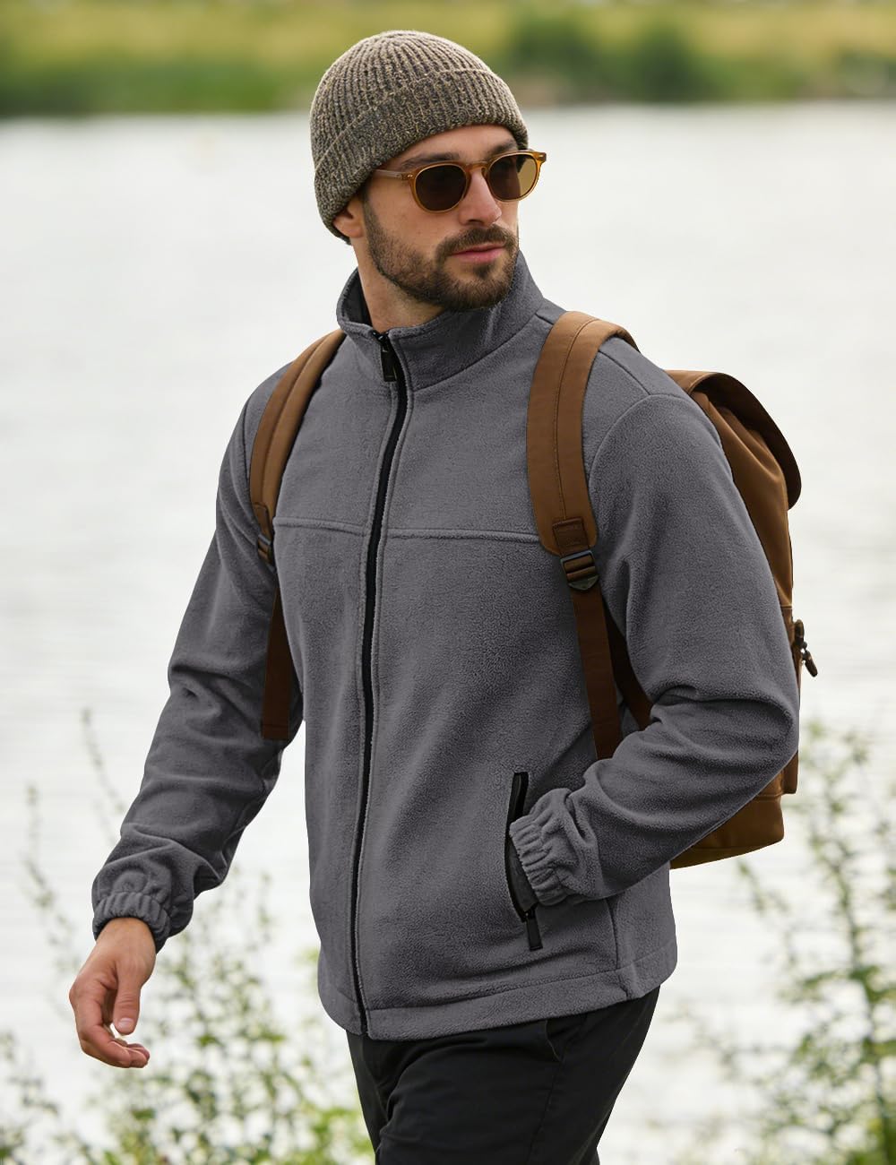 Mens Polar Fleece Jacket Full Zip Lightweight Casual Outdoor Jackets Stand Collar Warm Coats with Pockets