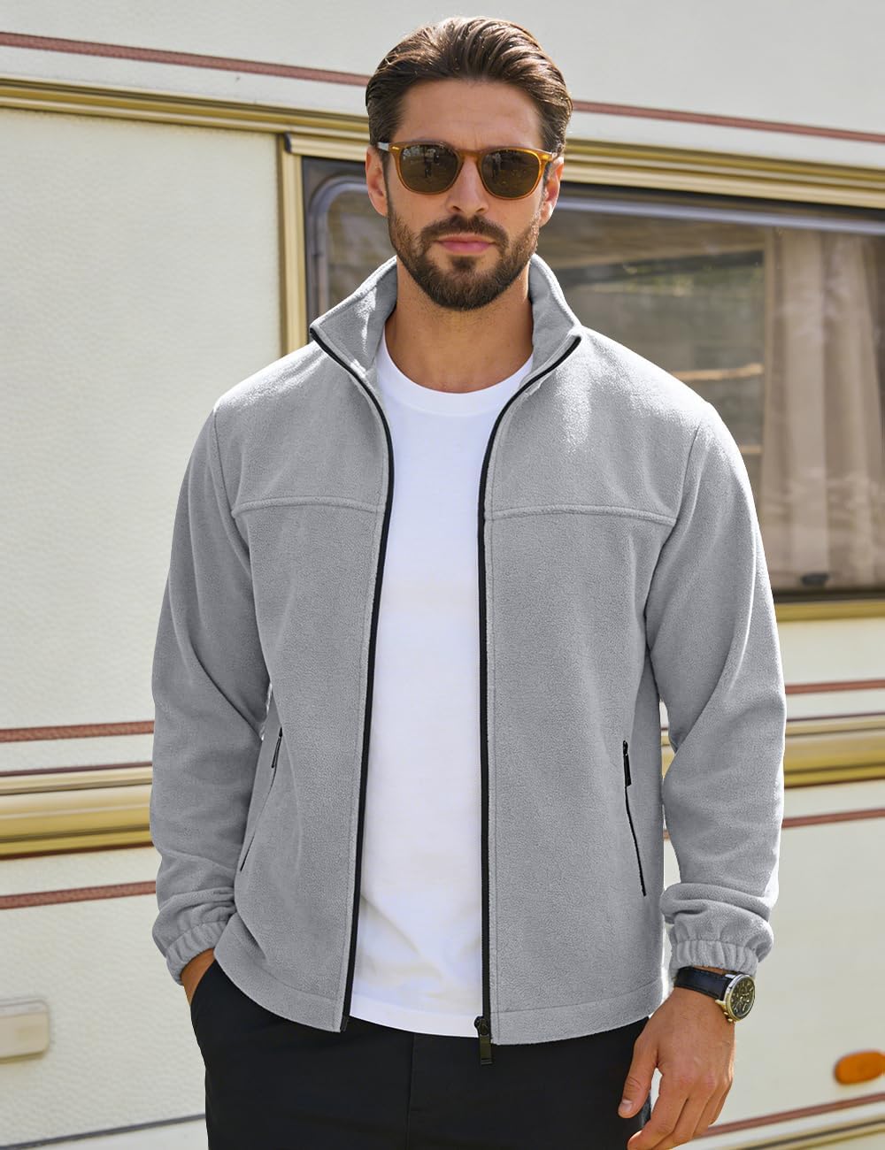 Mens Polar Fleece Jacket Full Zip Lightweight Casual Outdoor Jackets Stand Collar Warm Coats with Pockets