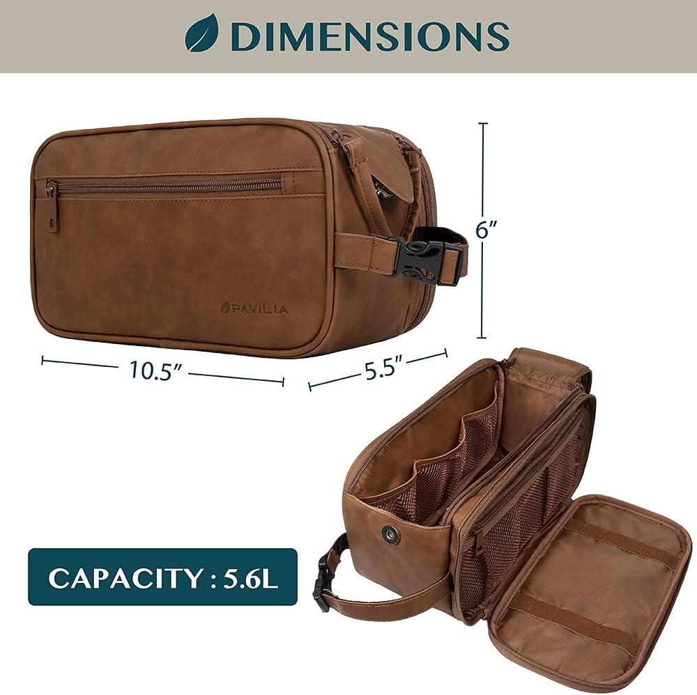 PAVILIA Toiletry Bag for Men, Travel Essentials Shaving Dopp Kit, Mens Travel Bag Toiletries Organizer Case for Grooming, PU Leather Water Resistant Cosmetic Bag Pouch (Brown)