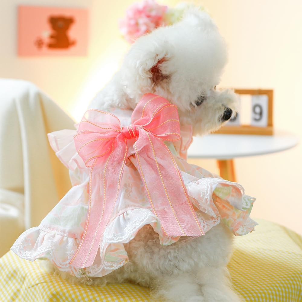 Pink Dog Dress for Small Dog Girl Spring Puppy Clothes with Bow Puff Sleeves Cat Outfit Doggy Princess with Leash Ring Doggies Harness Dress Summer Pet Apparel (Pink, Large)