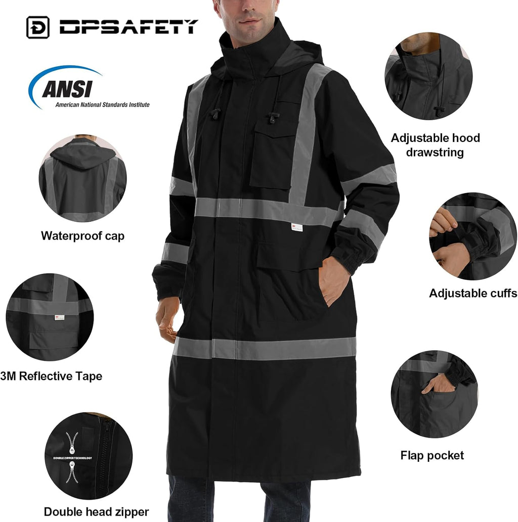 Hi Vis Rain Jacket with 3M Reflective Stripe,High Visibility Class 3 Rain coats,Safety Waterproof Rain Suits for Men with Hood and 2 Large Pockets construction work rain gear(Black 6XL)