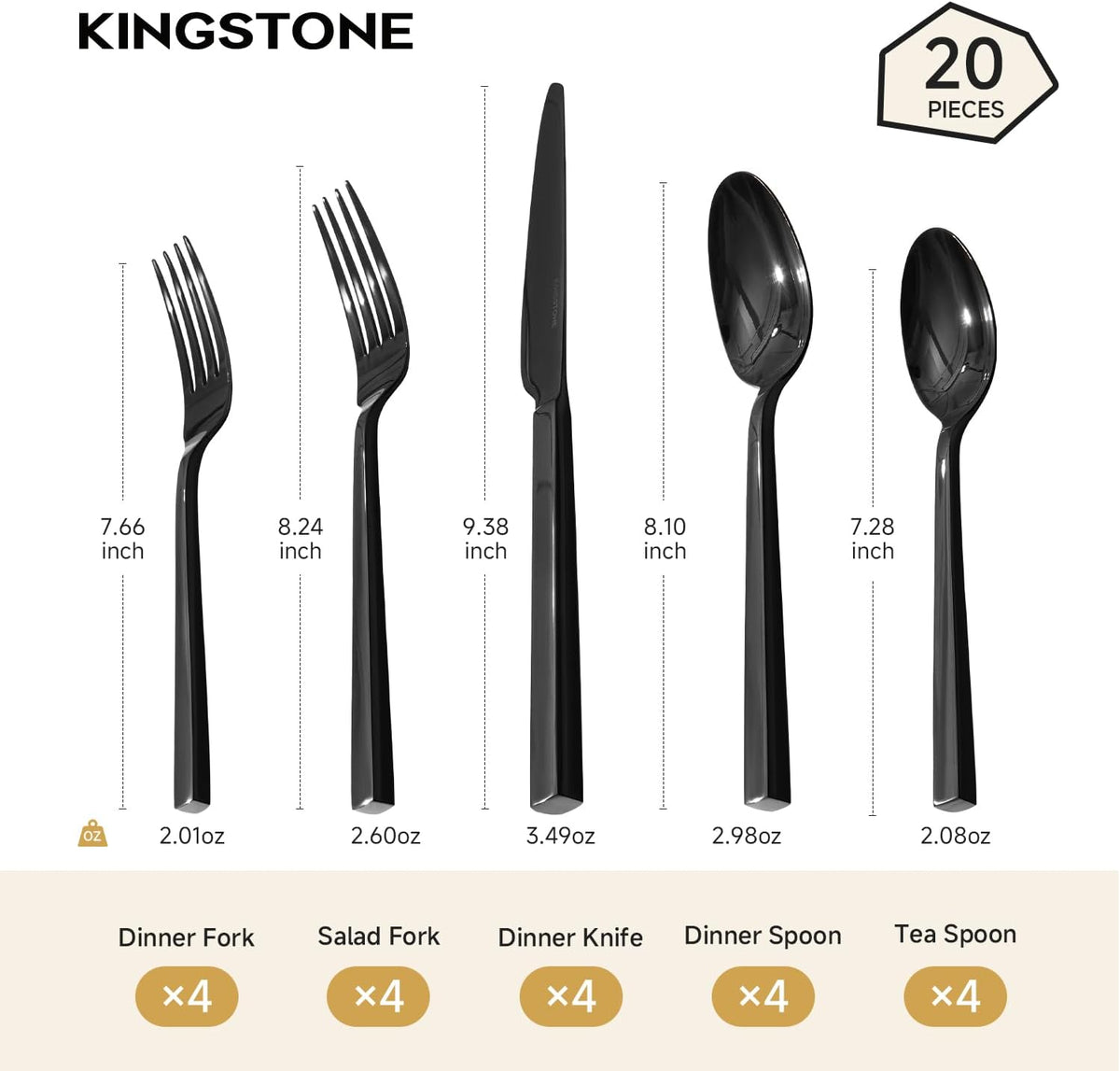 Black Silverware Set for 4, 20 Piece Flatware Set, Stainless Steel